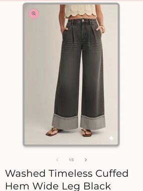 LovLov Washed Timeless Cuffed Hem Wide Leg Pants - Black